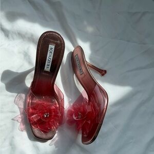 Aquazzura Pink Metallic PVC Floral Mule Heels